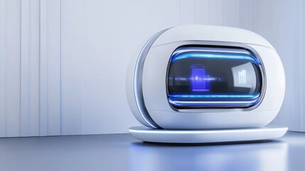 Futuristic white robotic device with glowing blue accents against a minimalist background, showcasing advanced technology and innovative design for modern applications