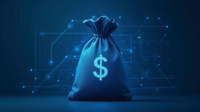 Digital Blue Moneybag With A Dollar $ Icon With Binary Code, Ai Financial Transactions, Fraud Detection Algorithms,