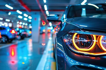 Modern sports car parked in sleek, well-lit garage with reflective surfaces.