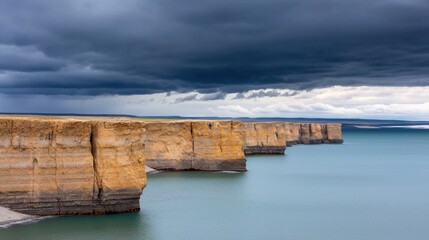 Dramatic coastal cliffs under a moody sky, reflecting nature's beauty.