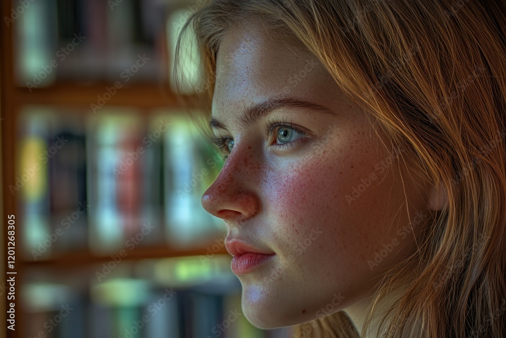 Poster a person reading in front of a bookshelf, focused on the page