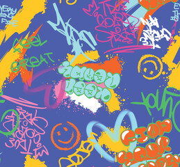 Abstract seamless chaotic pattern with urban graffiti words, scuffed and sprays. Grunge texture background. Wallpaper . Fashion sport style
