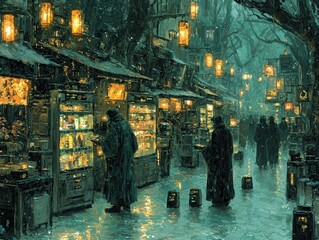 Obraz premium A cyberpunk alleyway filled with vibrant graffiti glowing under the flicker of neon signs. Shadowy figures move through the narrow streets, illuminated by the soft glow of vending machines offering 