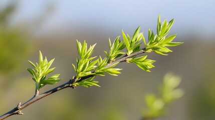 New spring leaves emerge on a branch