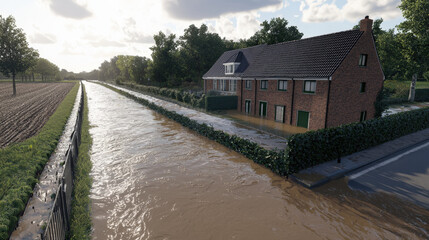 Fototapeta premium Flooded canal surrounds house; muddy water reaches building's ground floor