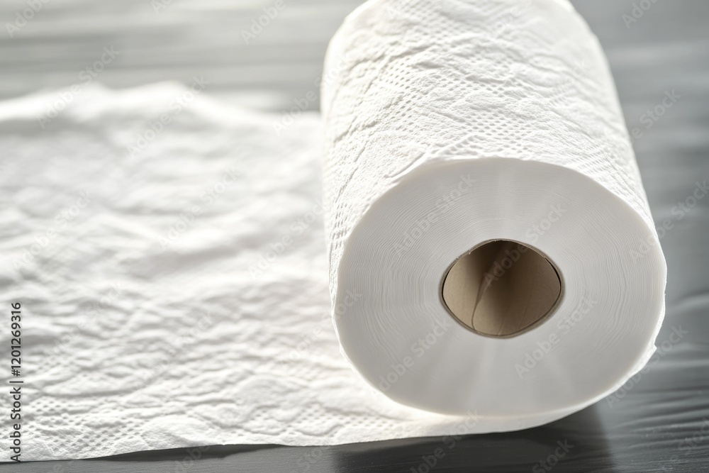 Poster A single roll of toilet paper placed on a table, perfect for various uses such as decorative or functional purposes