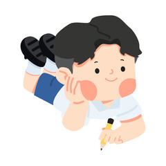 Young boy student lying on floor