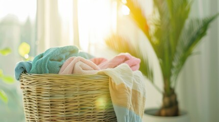 Obraz premium Bright sunlight floods a cozy room where a laundry basket overflows with soft, colorful towels, creating a warm and inviting atmosphere