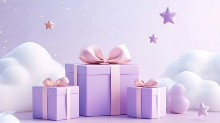 “3D Render of Pastel Purple Gift Boxes” - Adorable Pink Ribbon-Tied Presents on a Light Lavender Background with Clouds and Stars for Birthday or Valentine’s Day