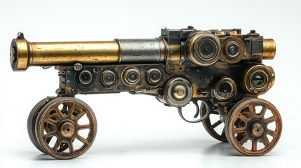 Obraz premium A small toy gun mounted on wheels on a plain white background