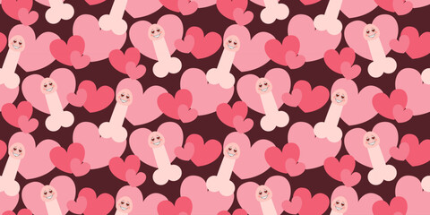 Seamless pattern with funny penis in love and hearts. Valentine's Day design. Pattern for fabric, wallpaper, wrapping paper. Vector illustration