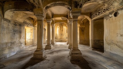 Naklejka premium Majestic Ancient Building Interior, Historical Architectural Wonders, Exquisite Details of a Ruined Temple