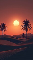 A futuristic desert oasis glowing softly under a violet sky filled with twin suns. The radiant sands ripple gently, while crystalline palm trees refract the light into shimmering patterns that 