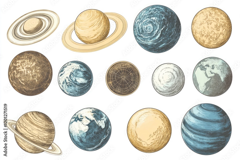 Poster a collection of 9 planets with their respective moons, in a compact representation