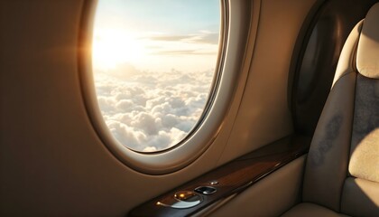 A serene view from a luxury airplane window, featuring sunlit clouds, epitomizing the essence of upscale travel