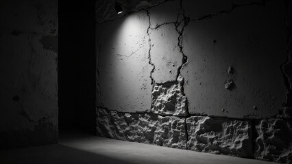 Spotlight reveals an intriguing tapestry of vertical and horizontal cracks on a textured concrete wall, casting dramatic shadows in an intimate setting. 