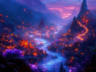 Fototapeta premium A mystical canyon carved by radiant rivers of molten stardust. Floating stairways of light connect hidden sanctuaries etched into the canyon walls, and glowing plants line the riverbanks, casting 
