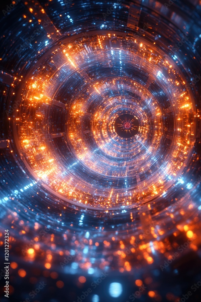 Poster abstract representation of a spiral shape made up of small lights