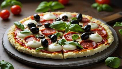 A gourmet keto cauliflower crust pizza topped with mozzarella cheese, pepperoni, olives, and fresh basil, served on a pizza stone with a rustic backdrop