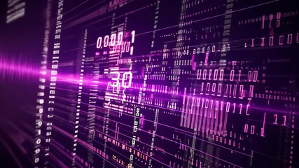 Digital data stream displaying binary numbers and vibrant graphics during a technology presentation in a modern setting - Powered by Adobe