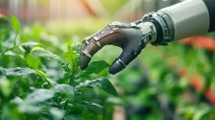 Hand managing pesticide-free automation in climate-controlled farming with precision tools on a futuristic farm : Vertical Hydroponic Farming