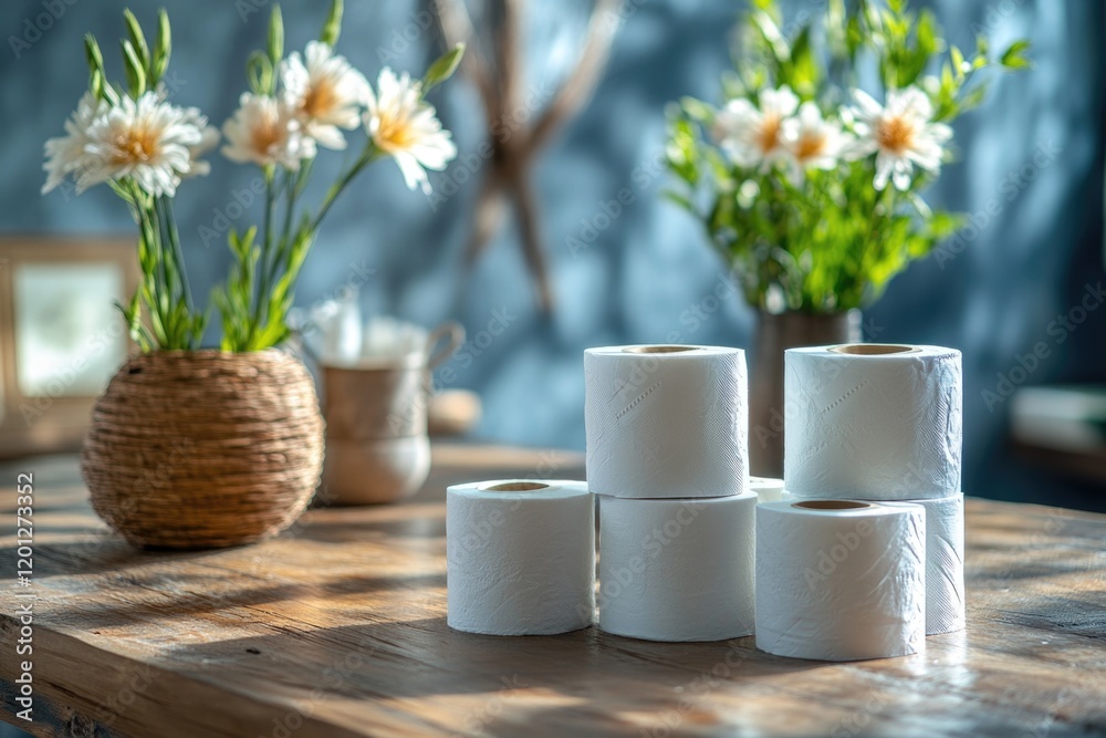 Poster stacked rolls of toilet paper on a table, ready for use
