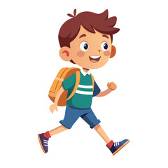 Young boy with backpack walking, going to school, illustration isolated white