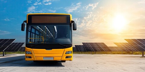 Energy saving sustainability concept. A bright yellow bus stands in front of solar panels under a sunny sky, symbolizing sustainable transportation and renewable energy.