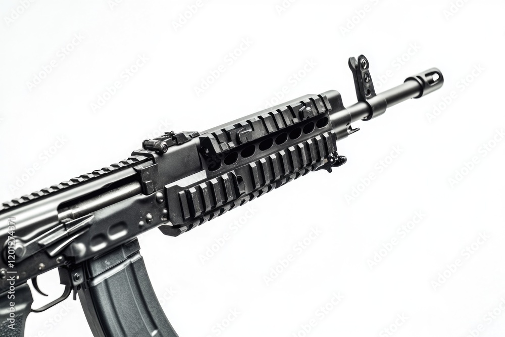 Poster a machine gun sits on a white background, ready to use