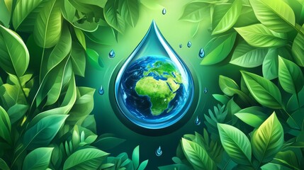 Illustration of Earth in a water droplet surrounded by green leaves symbolizing sustainability and environmental conservation