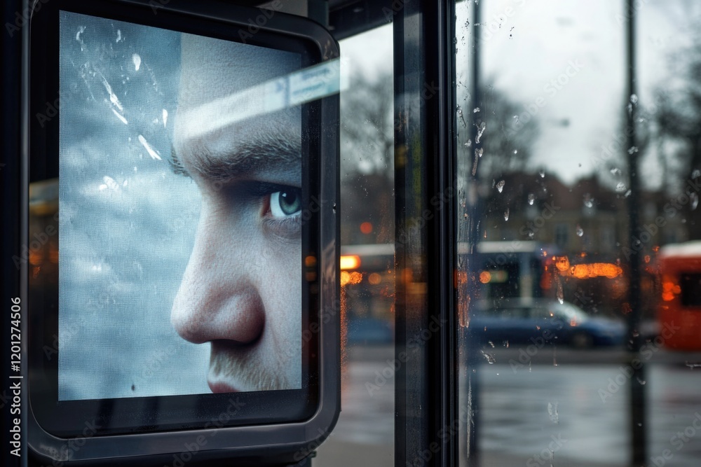 Poster a picture of a man's face displayed on a bus window, ideal for use in designs related to transportat