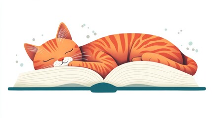 Naklejka premium Cute orange cat sleeping on an open book symbolizing relaxation and love for reading