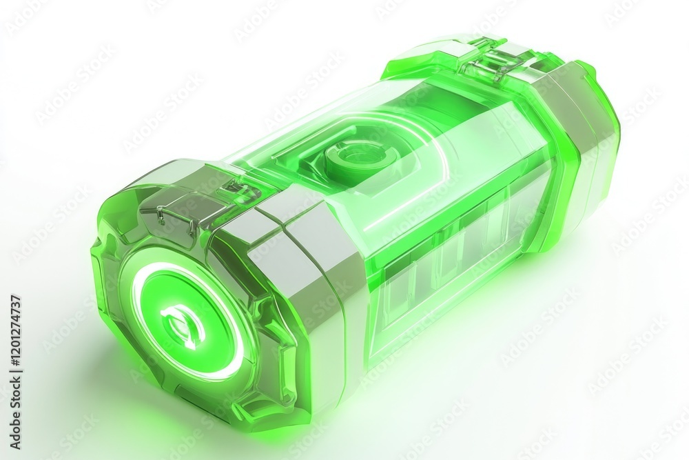 Poster a close-up shot of a green flashlight shining brightly on a white background, ready for use in vario