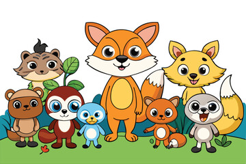 Obraz premium Cute animal characters from the forest including a happy fox, raccoon, bear, and more, surrounded by trees, ideal for childrens illustrations or educational material