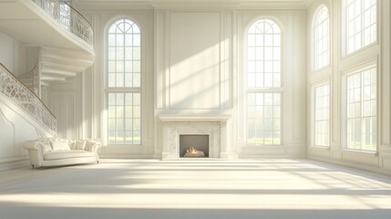 Fototapeta premium Elegant sunlit interior with grand windows and cozy fireplace