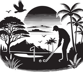 Black Color Golf Silhouette Vector Illustration, Solid White Background