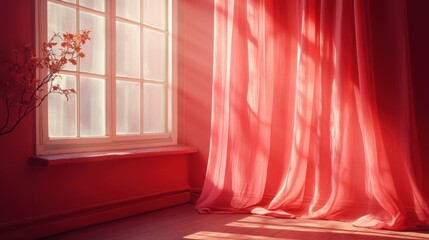 Sunlit room with flowing red curtains and soft light