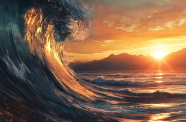 Majestic ocean wave breaking at sunset, illuminating the water with golden light.