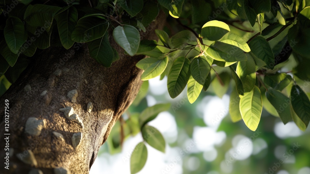 Poster a detailed view of a tree branch covered in vibrant green leaves, ideal for use in environmental or 