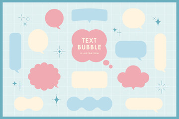 Cute speech bubble isolated pastel with frame elements illustration set. Speech talking thinking box. Dialogue cloud. 8 bit. For game development, mobile app, graphic, social media, scrapbooking