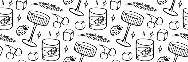 Bartender outline seamless pattern. Featuring cocktail glasses, cherries, strawberries, ice cubes, rosemary, and sparkling stars. Perfect for mixology and bar themes. Trendy vector doodle illustration