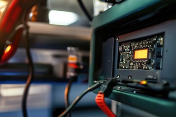 A detailed view of electronic components and wires on a machinery device