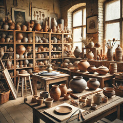 A cozy ceramic studio filled with handcrafted pottery, featuring various clay pots, bowls, and plates in earth tones. The workspace has a rustic charm