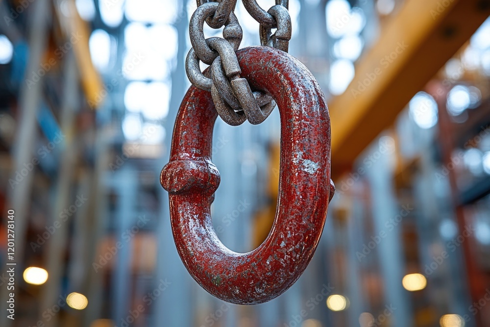 Poster A close-up shot of a chain suspended from the ceiling, suitable for use in various settings such as industrial, commercial, or even decorative scenes