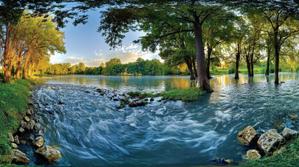 Obraz premium Serene river flows through lush trees, tranquil sunset scene