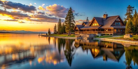 Obraz premium Majestic Yellowstone Lake Lodge: Breathtaking View & Copy Space