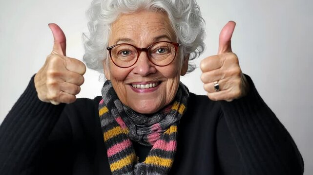 Woman with glasses and a scarf is giving a thumbs up. She is smiling and she is happy