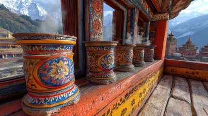 Fototapeta premium Himalayan monastery incense burners, mountain view