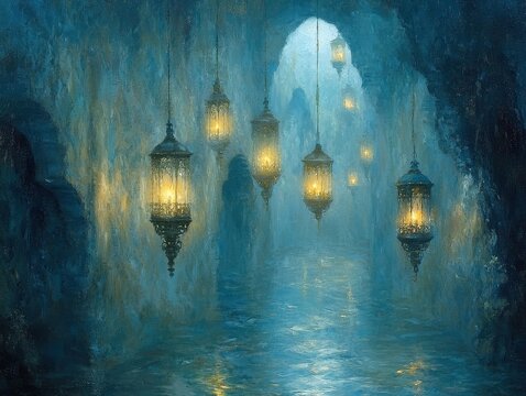 A serene volcanic crater glowing with ripples of molten crystal. Floating lanterns drift above the crater, illuminating the radiant cliffs and casting soft golden reflections onto the shimmering 