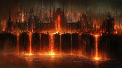 Fototapeta premium A serene volcanic island illuminated by molten rivers of liquid crystal. Radiant phoenixes hover above the glowing landscape, their fiery wings casting a warm glow onto the obsidian cliffs below. 